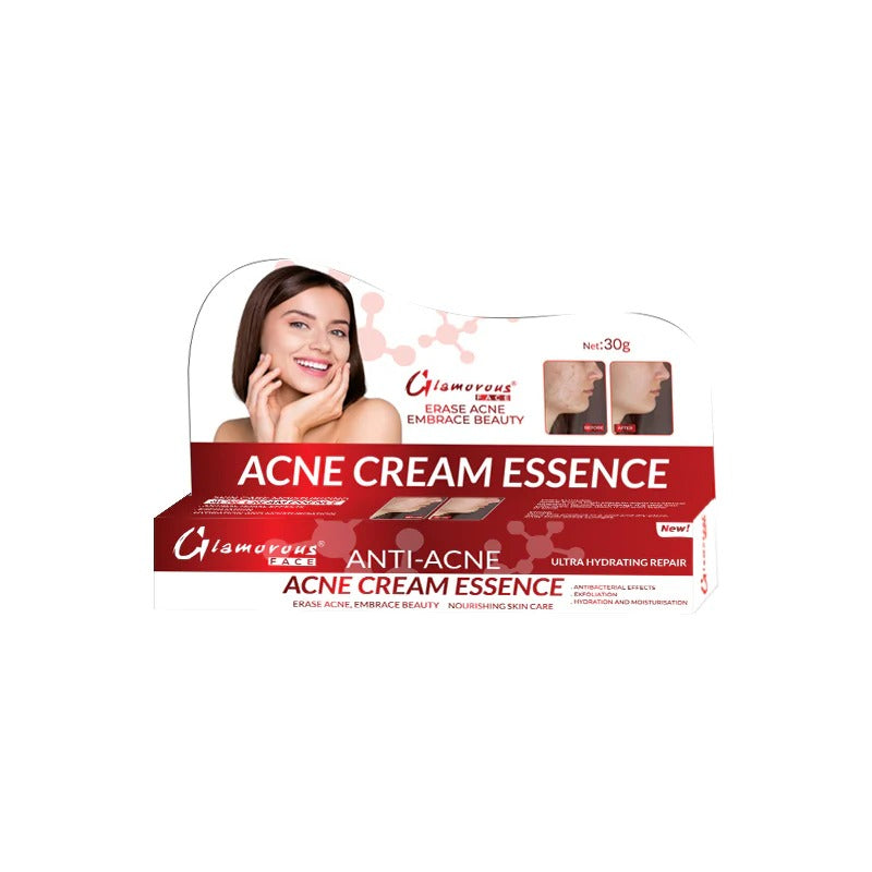 Acne cream essence packaging with a woman's face on a white background