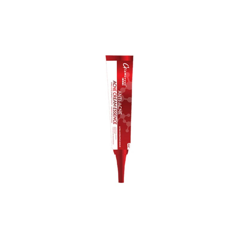 Red and white tube of Acne Cream Essence on a white background