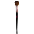 Makeup brush with black handle and brown bristles on a white background
