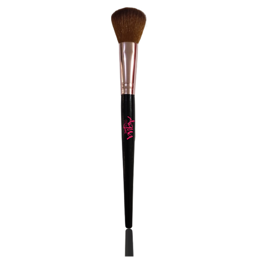Makeup brush with black handle and brown bristles on a white background