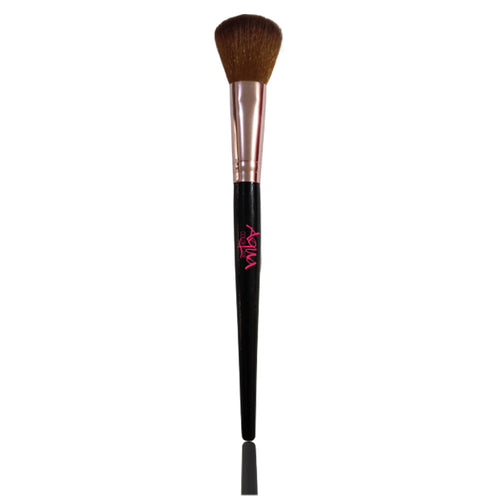 Makeup brush with black handle and brown bristles on a white background
