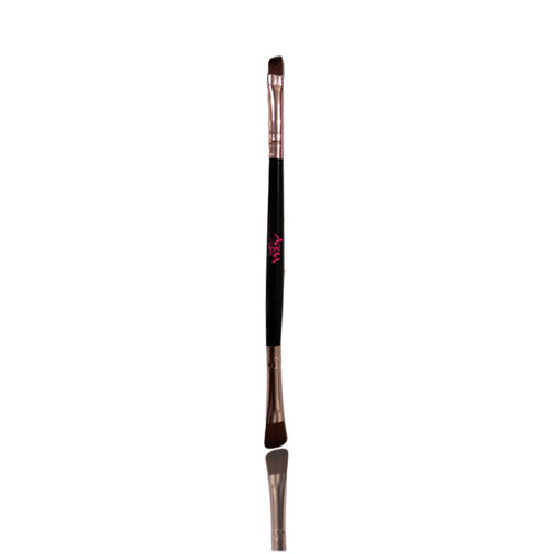 Makeup brush with black handle and pink logo on a white background