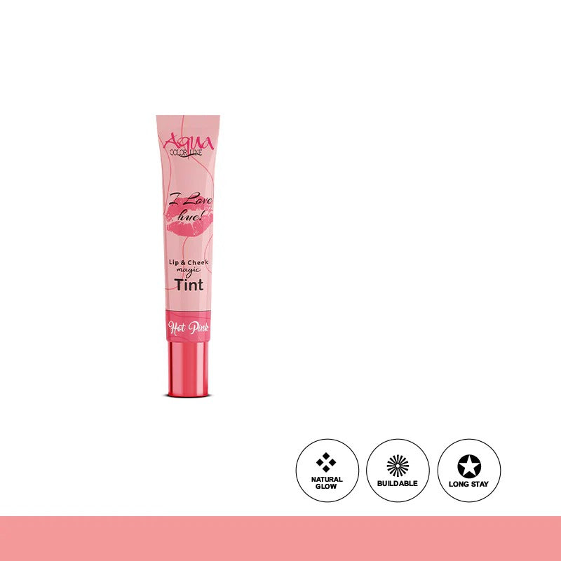 Lip and cheek tint tube with brand name on a white background