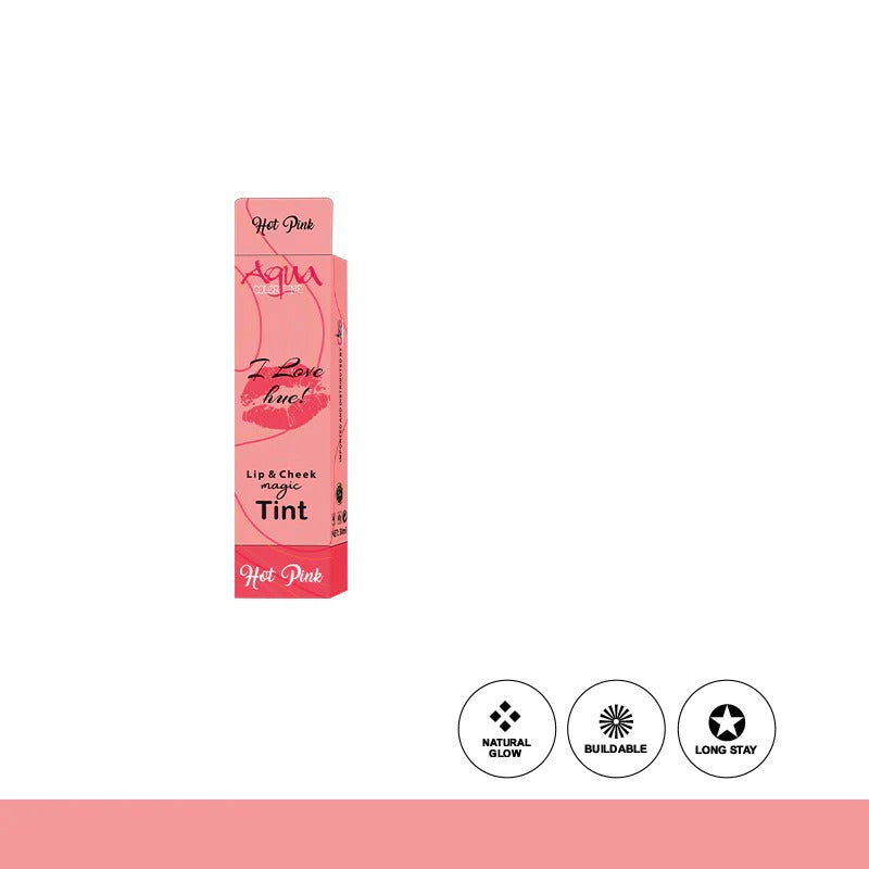 Pink lip and cheek tint packaging with brand logo on a white background