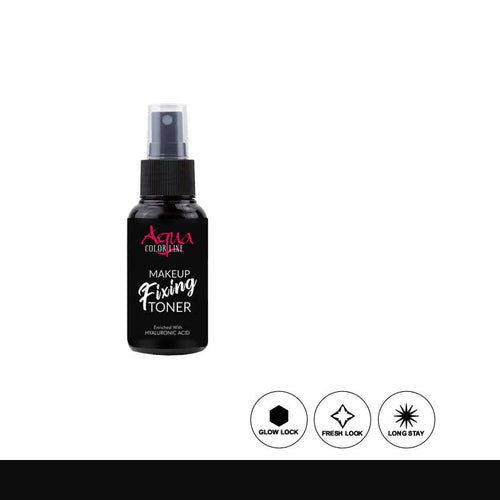 Black makeup fixing toner bottle with brand logo on a white background