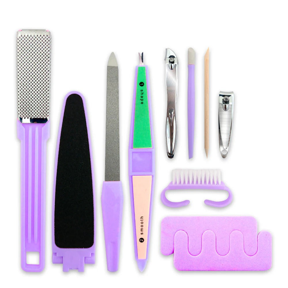 Set of nail care tools including a file, clipper, and brush on a white background