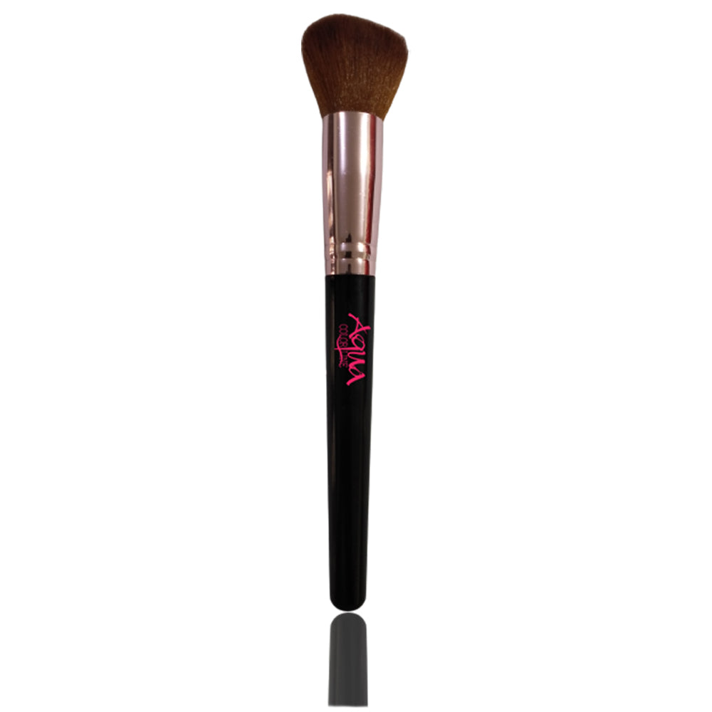 Makeup brush with black handle and brown bristles on a white background