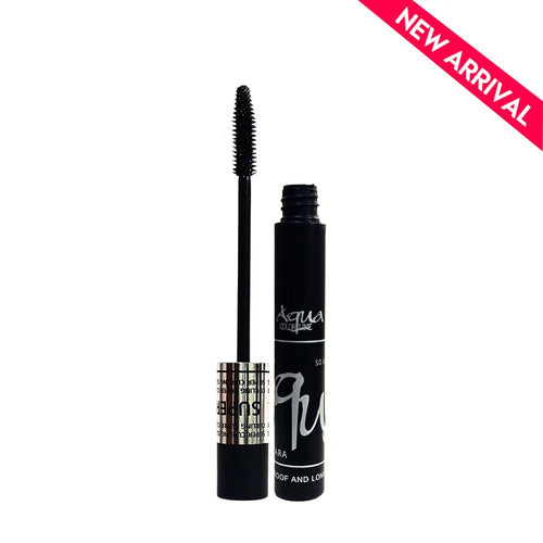 Mascara with open cap on a white background, featuring 'Aqua Color Line' brand.