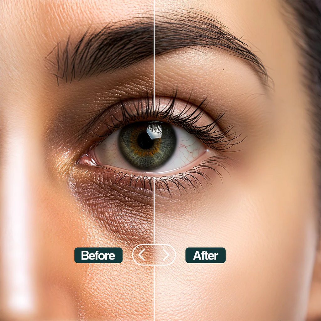 Before and after comparison of an eye with cosmetic effects applied.