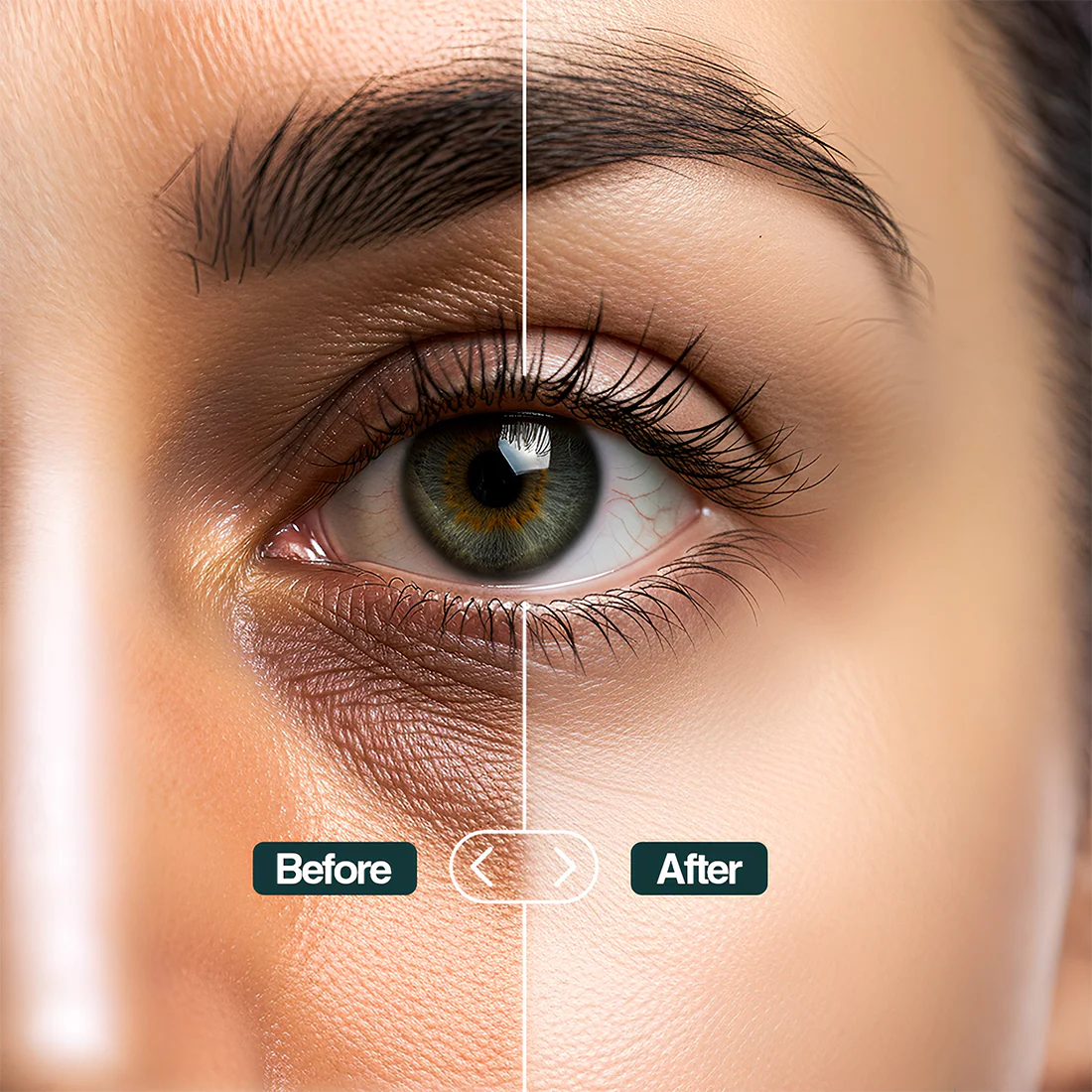Before and after comparison of an eye with cosmetic effects applied.