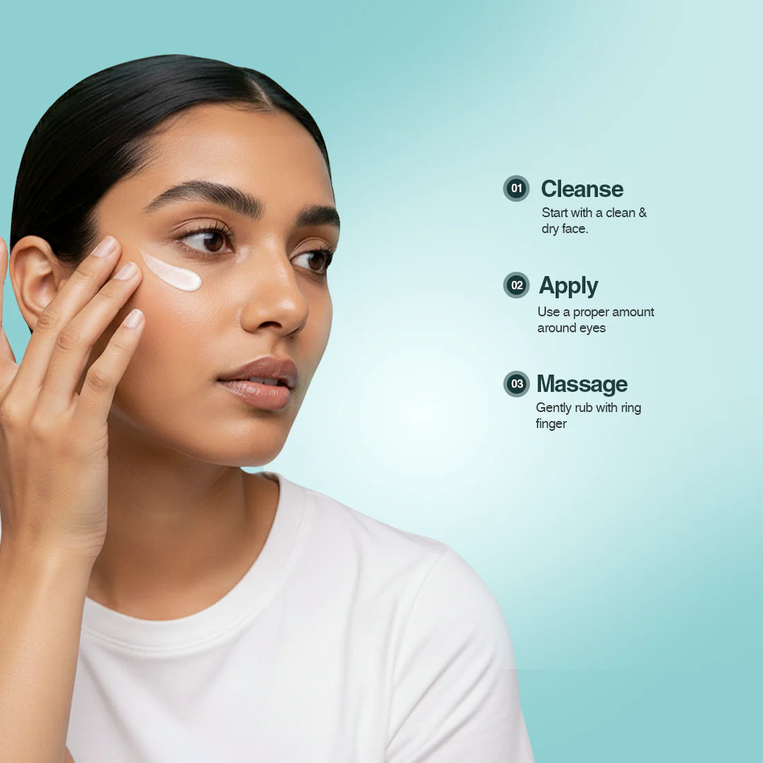Woman applying Arena Gold Eye Cream to her face with a blue background and skincare instructions.