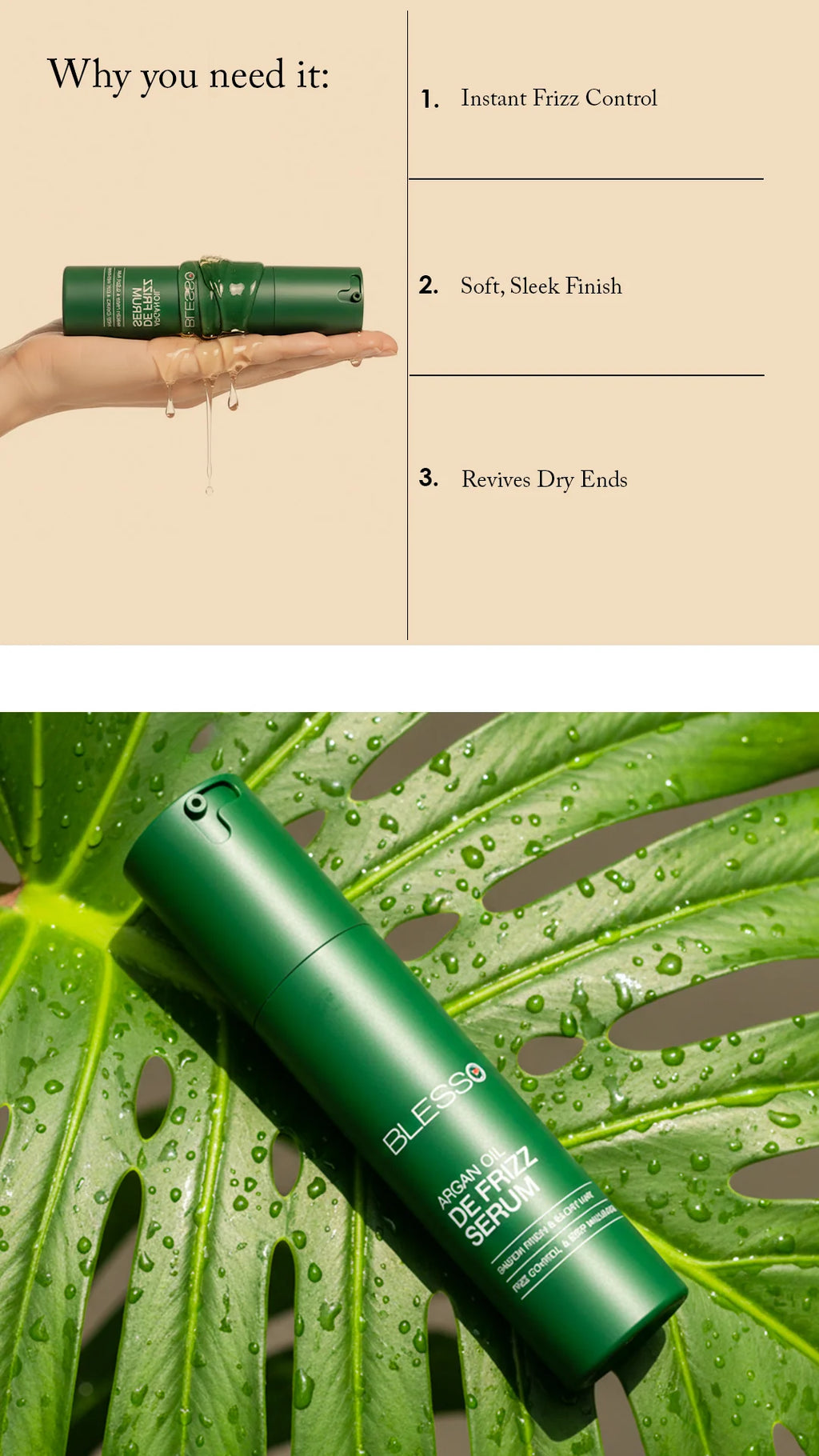 Green Blesso serum bottle with text on a beige background and leafy green background