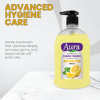 Aura hand wash bottle with lemon flavor on a white background
