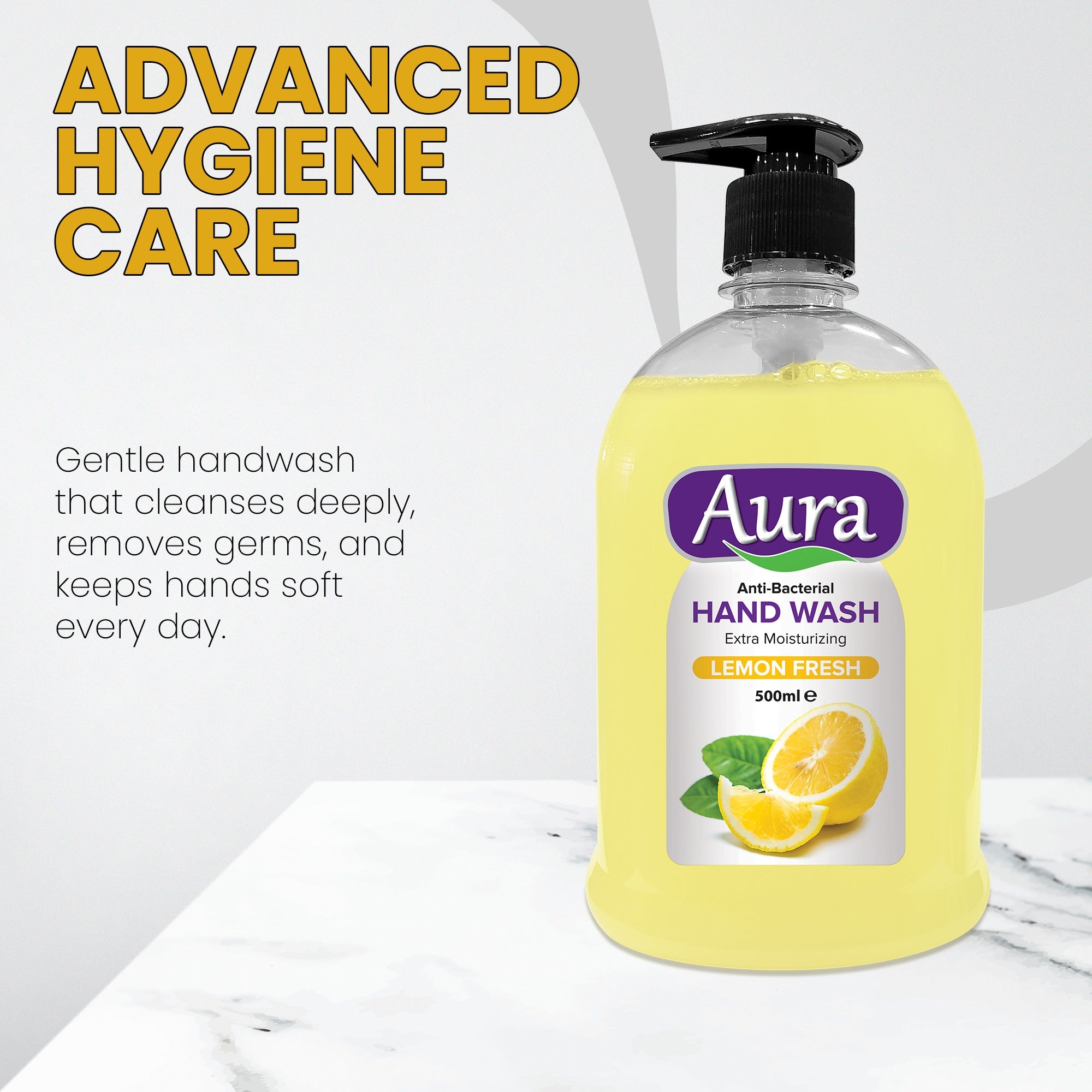 Aura hand wash bottle with lemon flavor on a white background