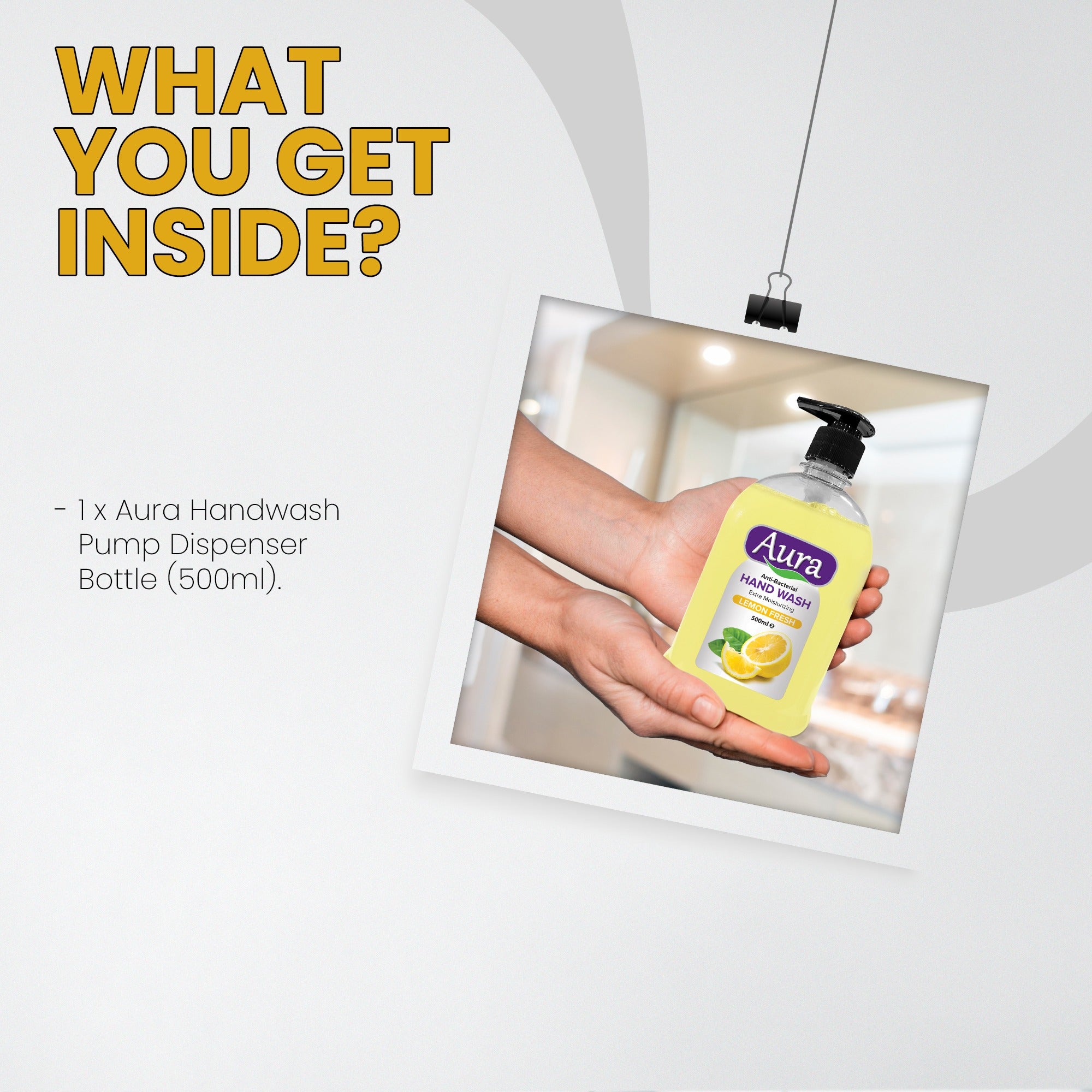Aura handwash bottle in a hand with text about the product included.