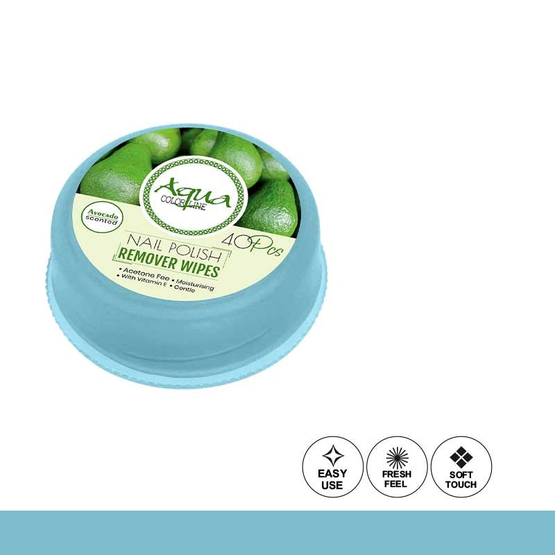 Aqua Cosmetics nail polish remover wipes container with green limes on a white background