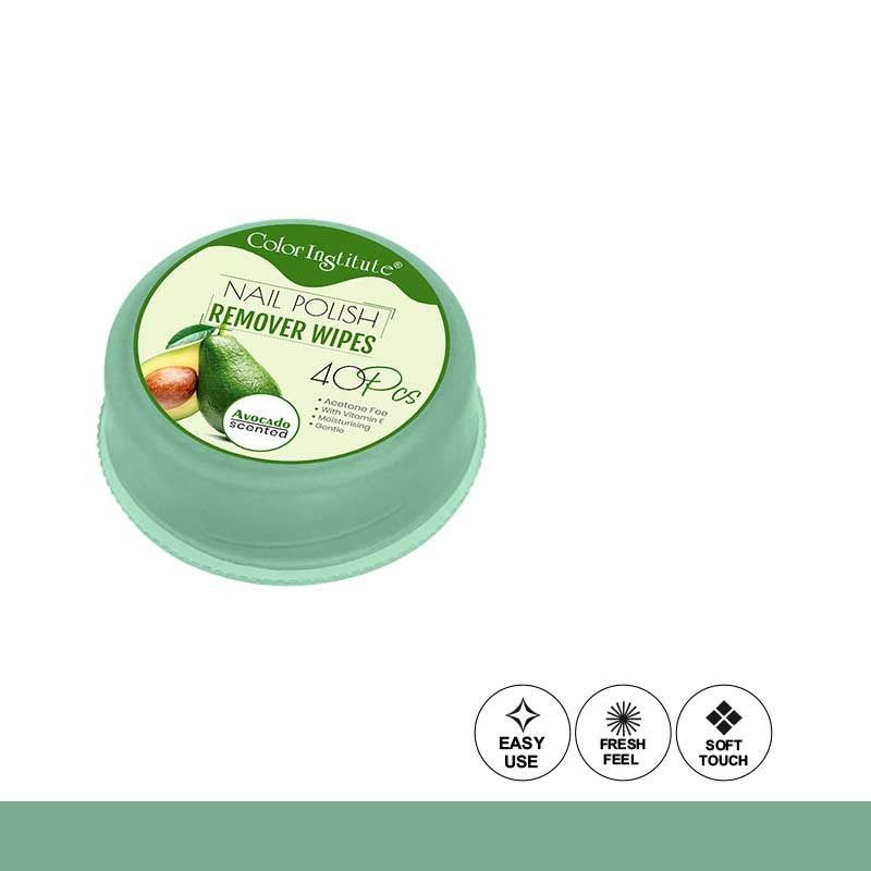 Container of nail polish remover wipes with avocado illustration on a white background