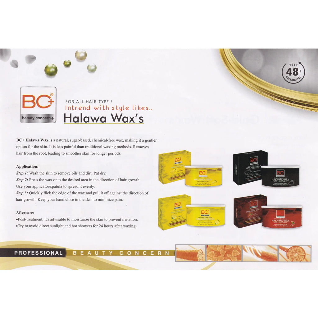Advertisement for Halawa Wax products by BC Beauty Concerns with packaging and text on a white background.
