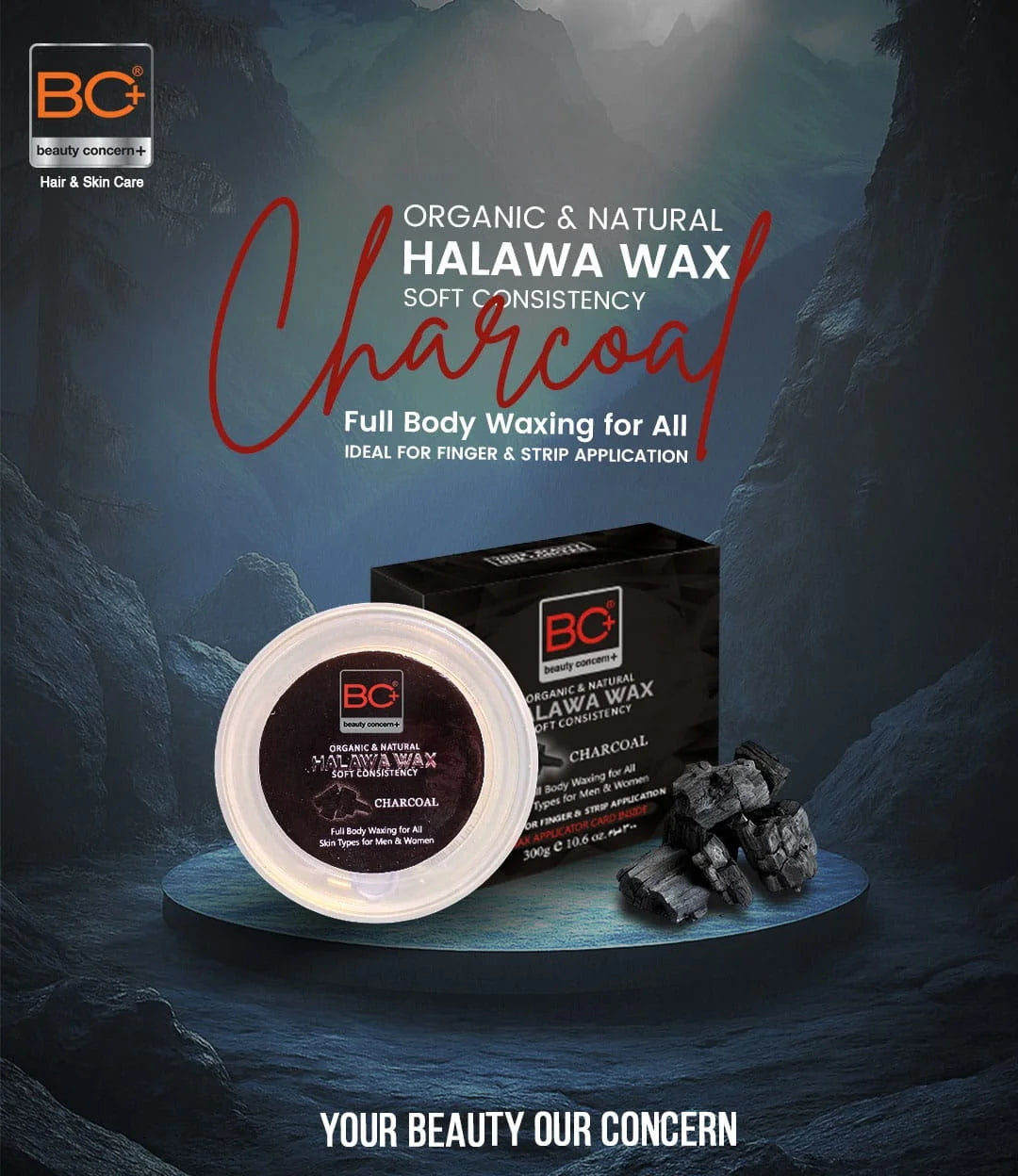 BC Halawa Wax Charcoal product with packaging and charcoal pieces on a dark background