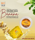 BC Halawa Wax packaging with banana slices and leaves on a beige background