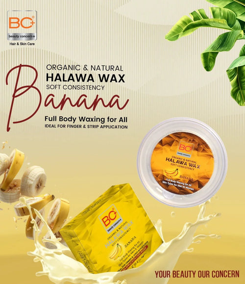BC Halawa Wax packaging with banana slices and leaves on a beige background