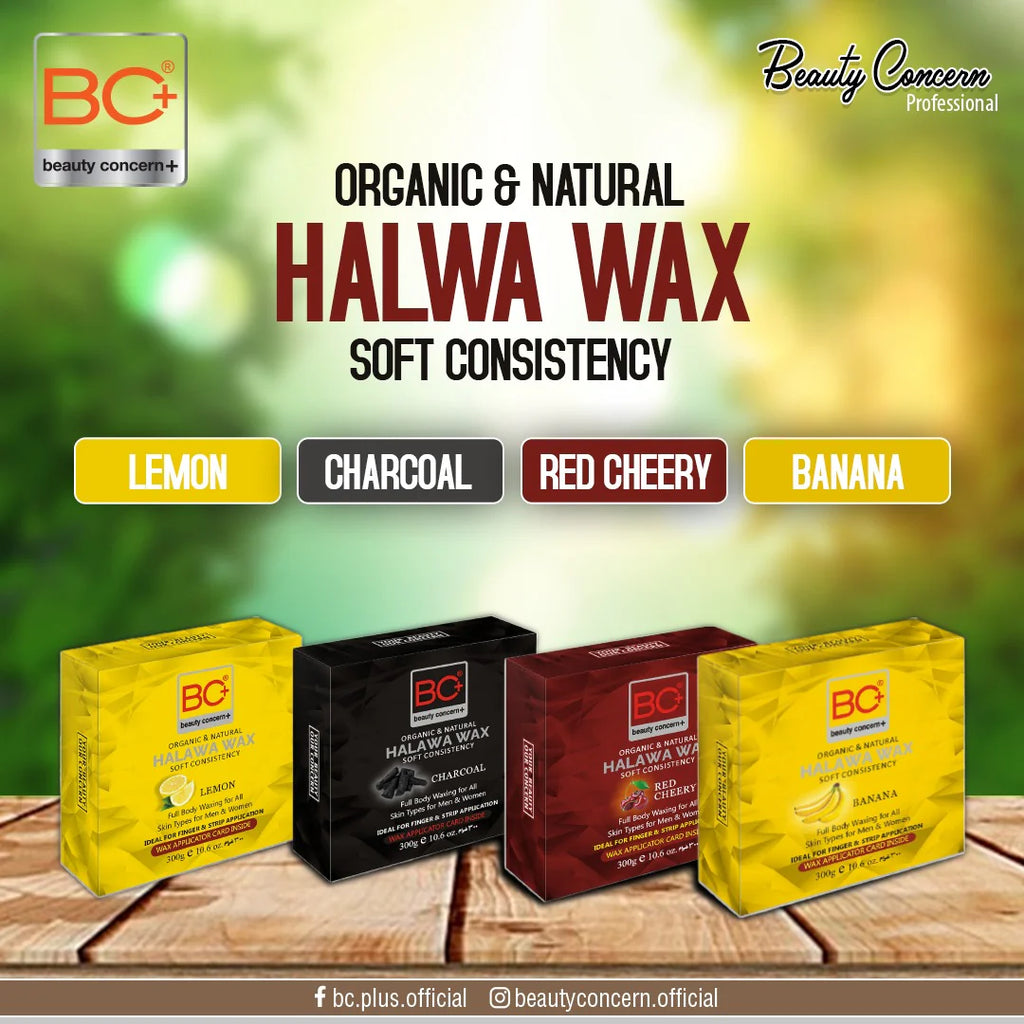 Four packages of Beauty Concern halwa wax with different scents on a wooden surface.