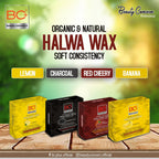 Four packages of Beauty Concern halwa wax with different scents on a wooden surface.