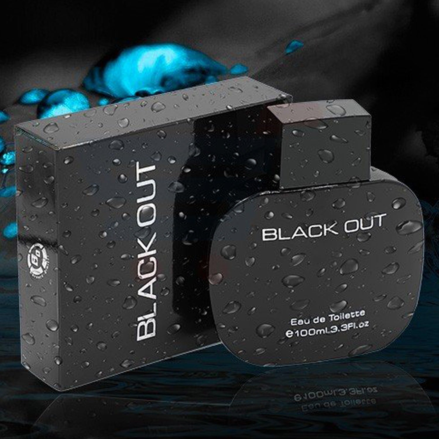 Black 'BLACK OUT' perfume bottle and packaging with water droplets on a dark background