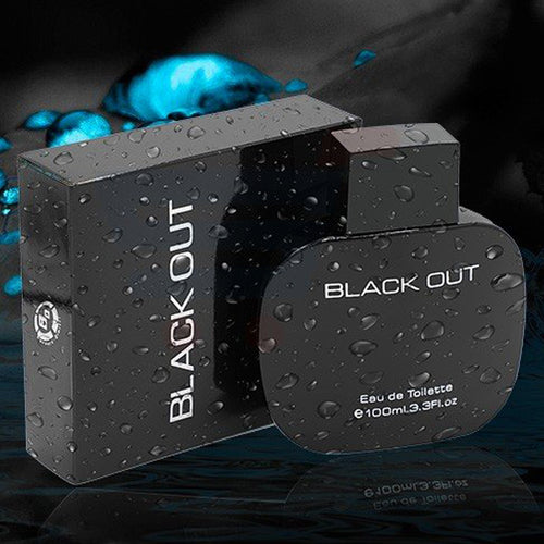 Black 'BLACK OUT' perfume bottle and packaging with water droplets on a dark background