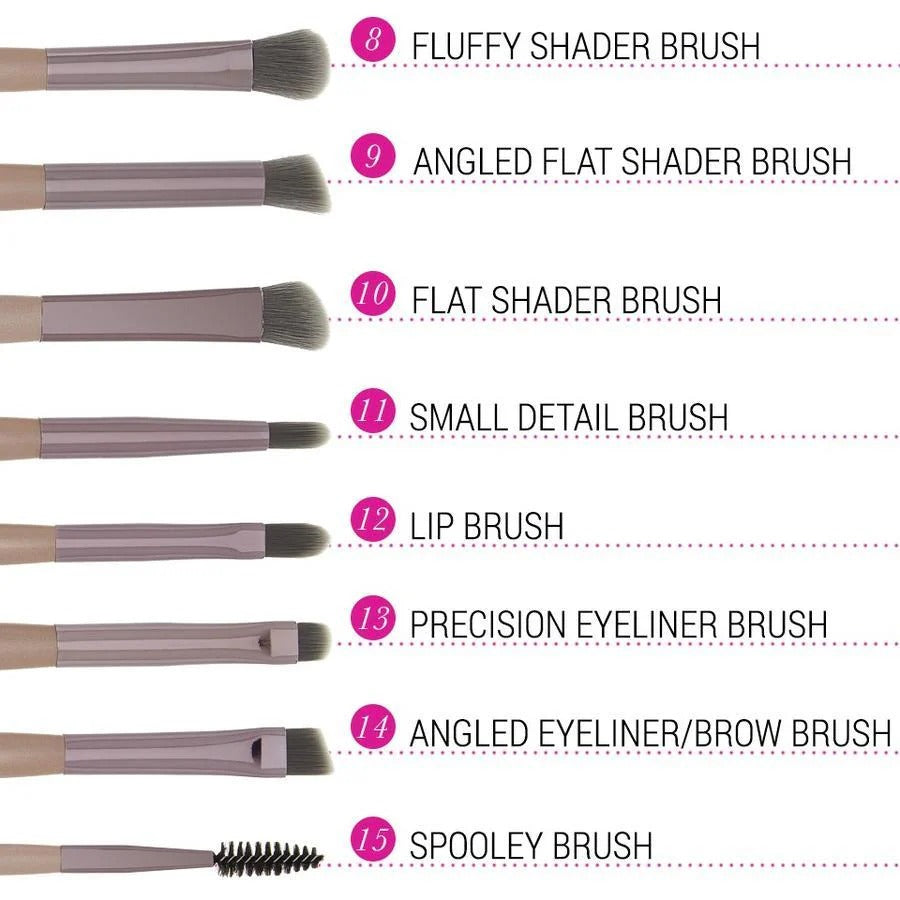 Set of makeup brushes with labels on a white background