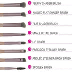 Set of makeup brushes with labels on a white background