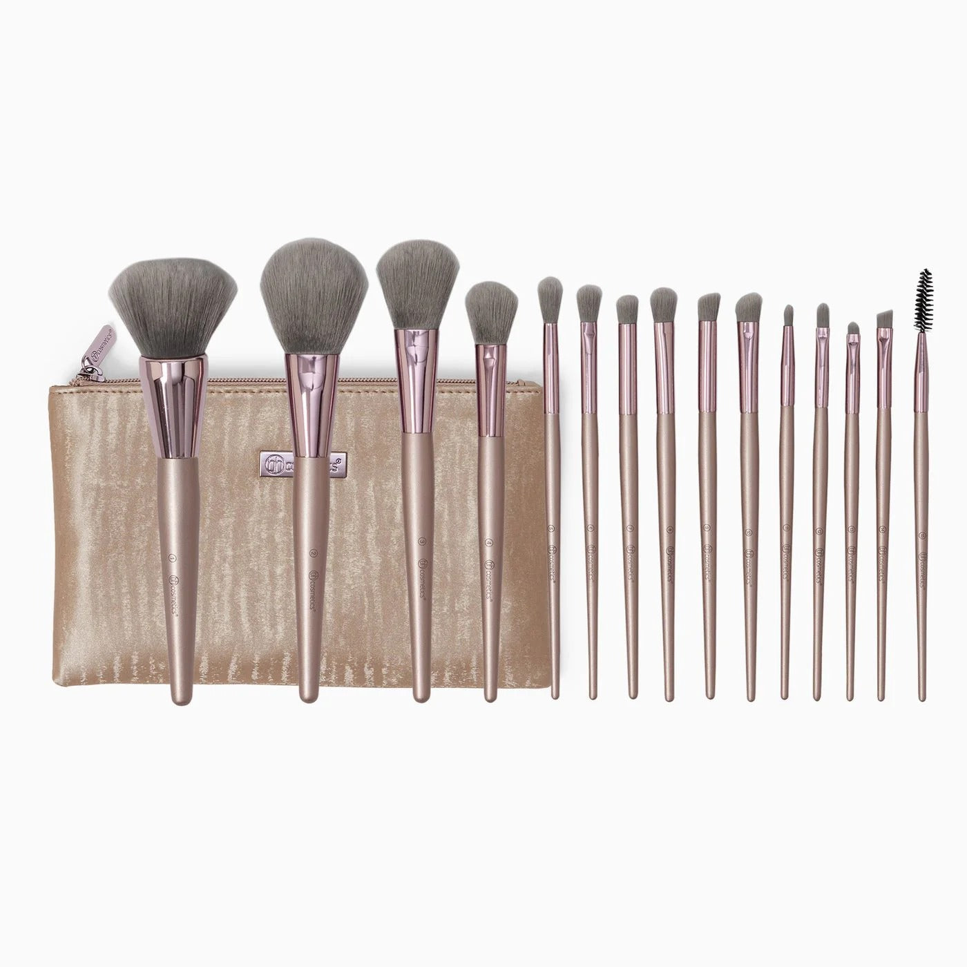 Set of makeup brushes with a beige pouch on a white background