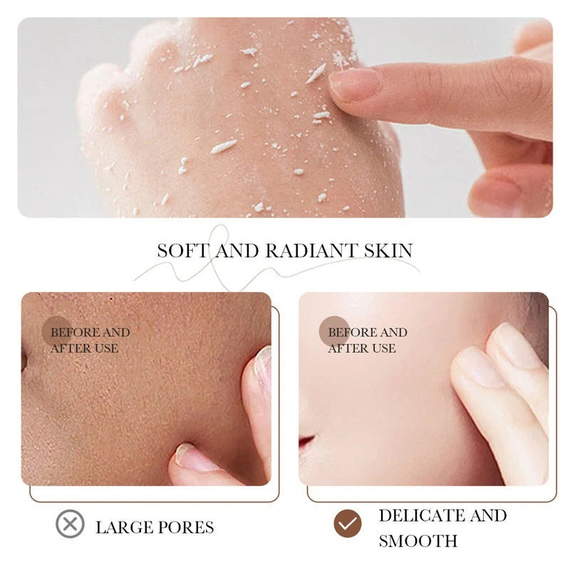 Before and after use of a skincare product on skin with large pores and smooth skin.