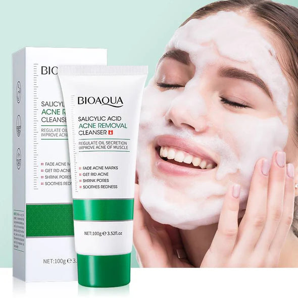 Bioaqua Salicylic Acid Acne Removal Cleanser with a woman applying the product to her face.