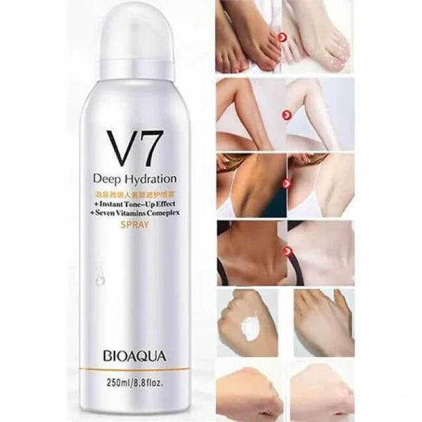 V7 Deep Hydration spray bottle with before and after effects on skin shown in a collage.