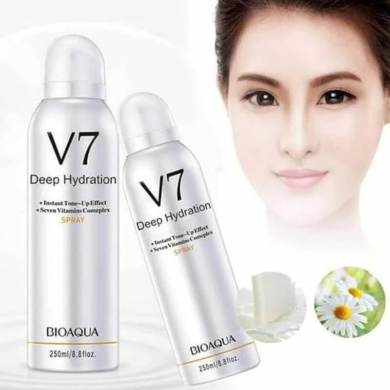 Two V7 Deep Hydration spray bottles by BIOAQUA with a blurred face in the background.