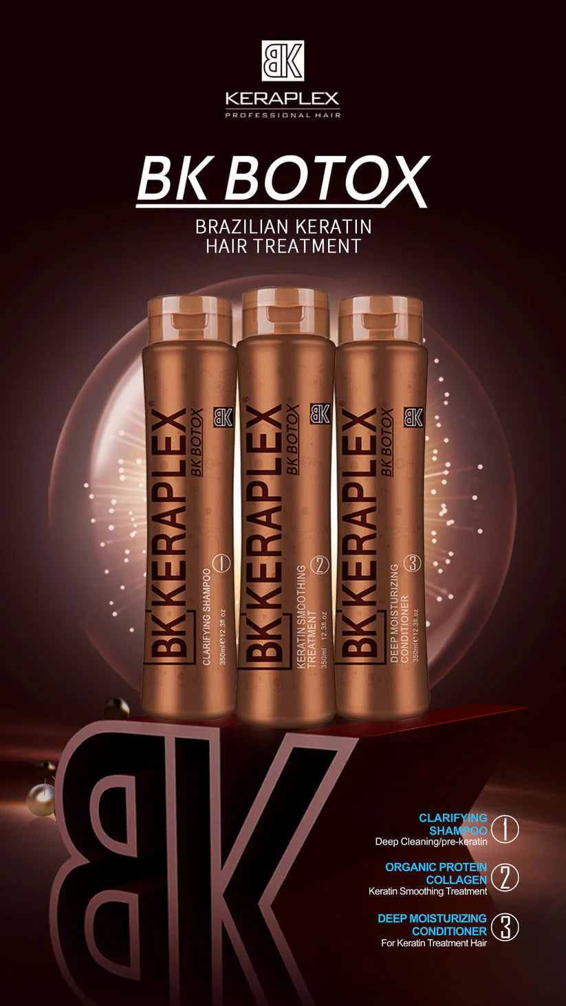 Three bottles of BK Keraplex Brazilian Keratin Hair Treatment on a dark background with brand logo.