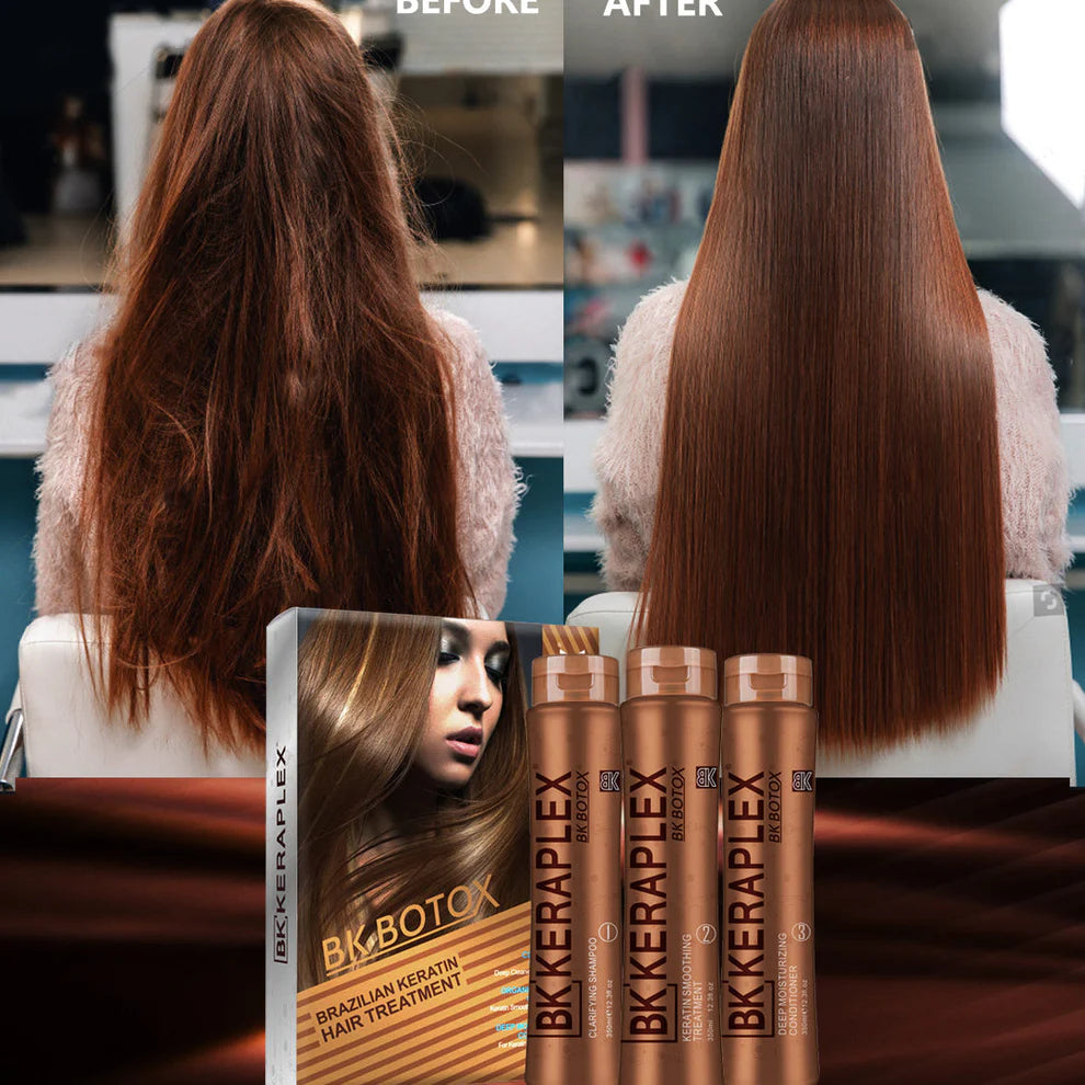 Before and after comparison of hair treatment with BK Keraplex Keratin Botox Hair Treatment Kit – Deep Repair with Shampoo & Conditioner