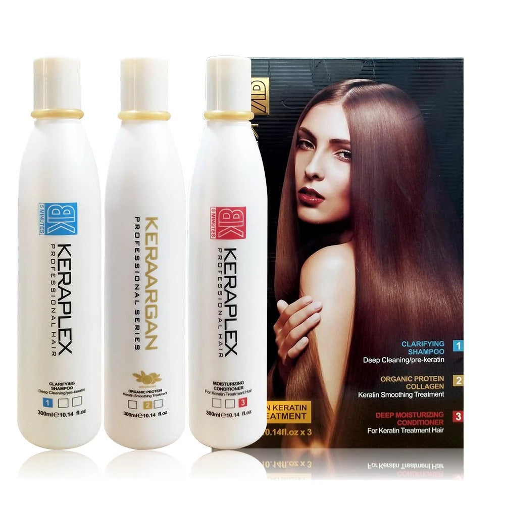 Three bottles of Keraplex hair care products with a promotional poster featuring a woman with long hair.