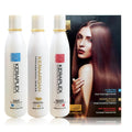 Three bottles of Keraplex hair care products with a promotional poster featuring a woman with long hair.