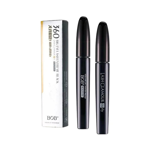 Two black mascara tubes with a white box labeled 'BOB' on a white background