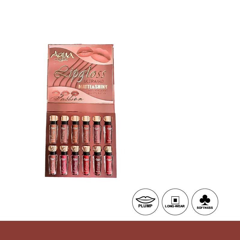 Set of lip glosses in a display case with brand name on a white background