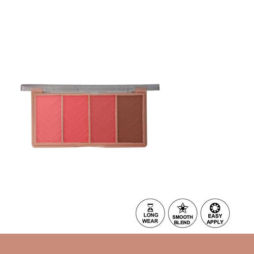 Makeup palette with four shades of blush in a wooden case on a white background.