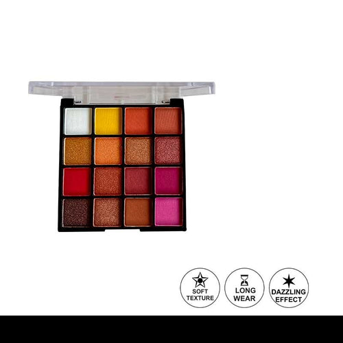 Makeup palette with various colors and three icons indicating features on a white background