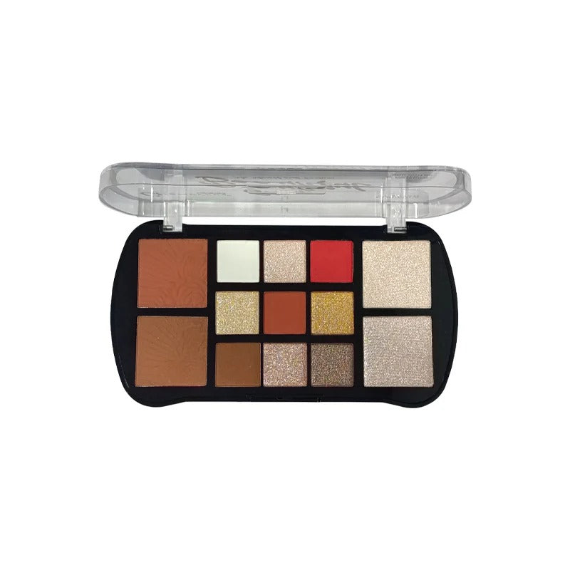 Makeup palette with various colors on a white background