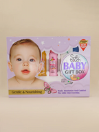 Baby gift box with a child's face on the packaging against a beige background