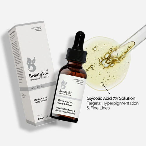 BeautyVoc Glycolic Acid 7% Toning Solution shown with its white and gray retail box, an amber glass dropper bottle, and a close-up of the golden serum being dispensed into a droplet. Text on the image reads 'Glycolic Acid 7% Solution Targets Hyperpigmentation & Fine Lines'.