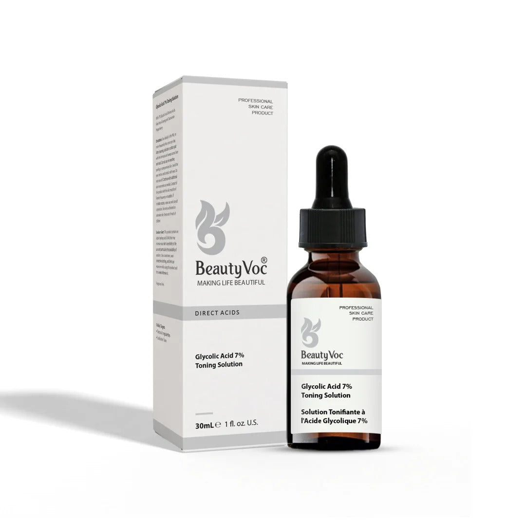 BeautyVoc Glycolic Acid 7% Toning Solution shown as a 30mL amber glass dropper bottle next to its white and gray retail box, on a clean white background.
