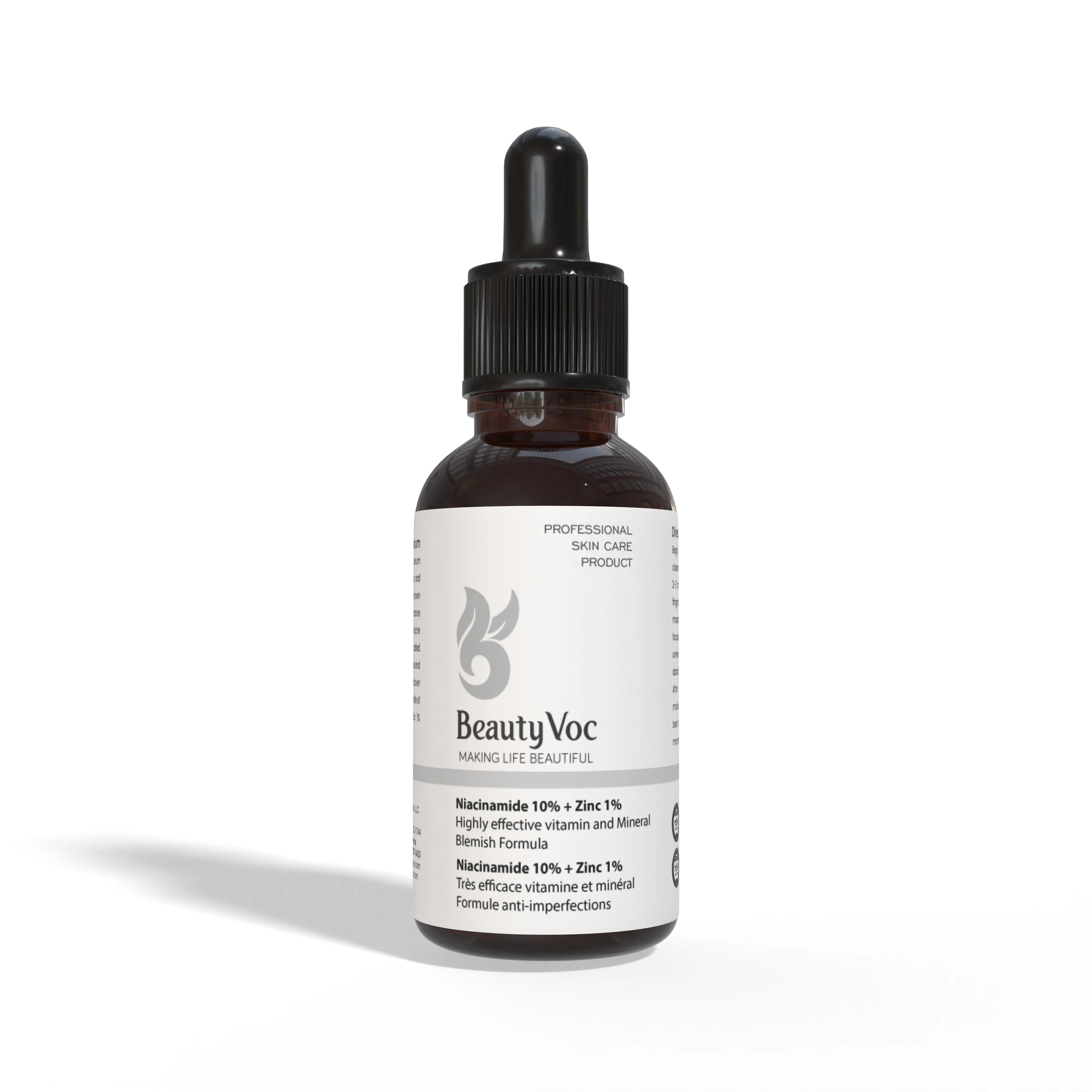 BeautyVoc skin care dropper bottle containing 10% Nicotinamide and 1% Zinc, shown on a clean white background with a soft shadow.