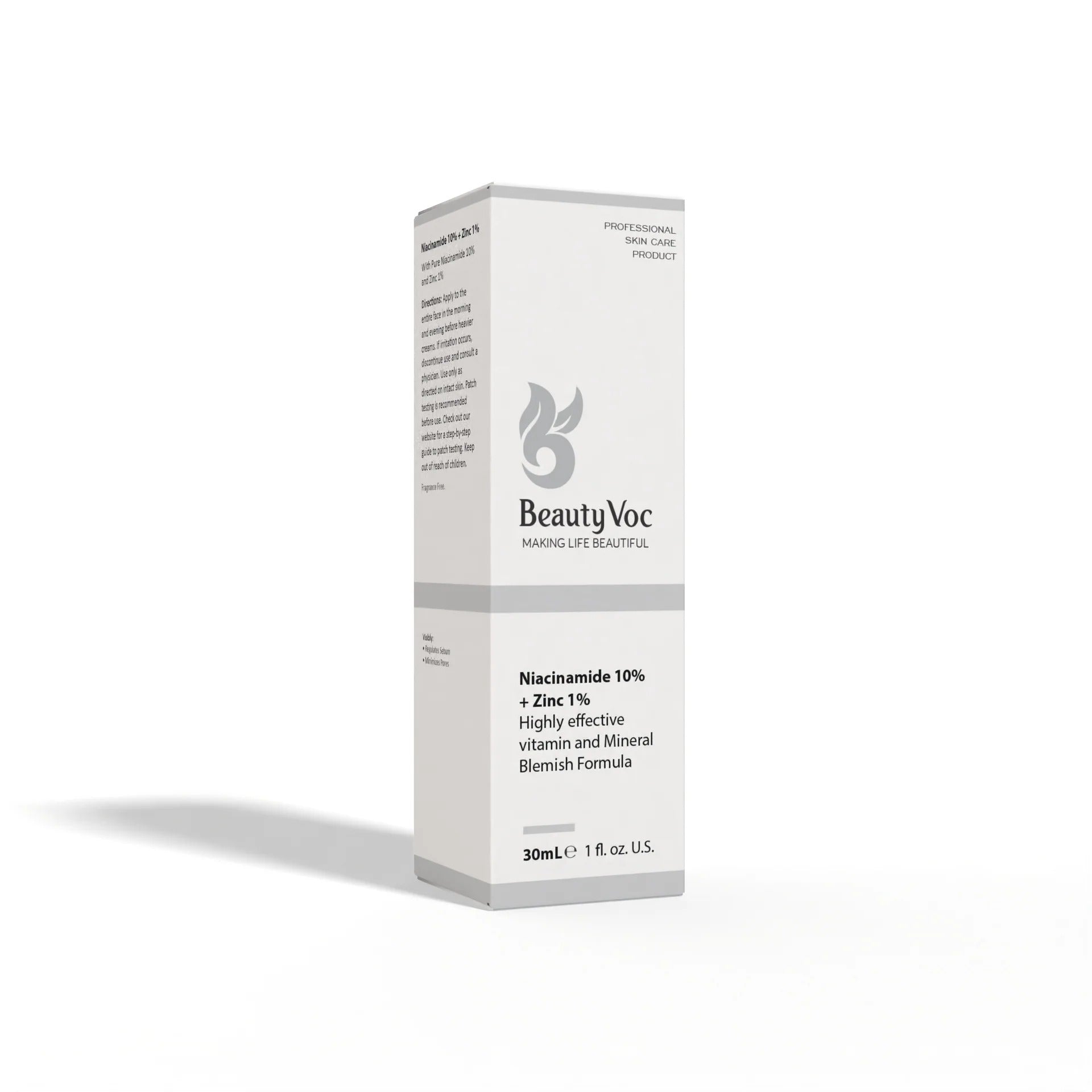 BeautyVoc Niacinamide 10% + Zinc 5% skincare box, featuring a clean white and gray packaging design with a stylized leaf logo, shown on a white background with a soft shadow.